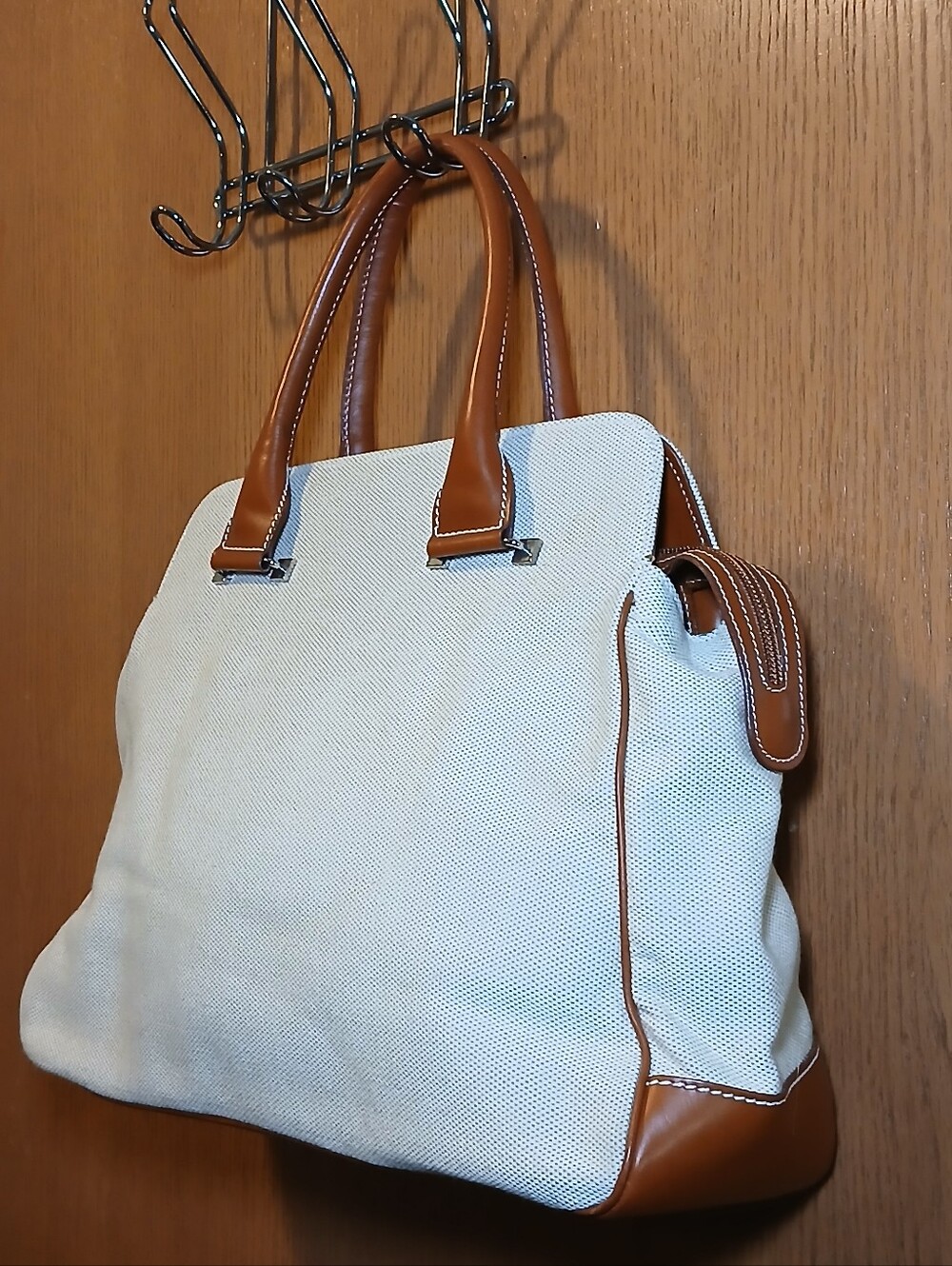 Lambertson Truex Made in Italy Beige Canvas Brown Leather Satchel Handbag